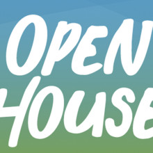 Open house lettering on a blue and green background